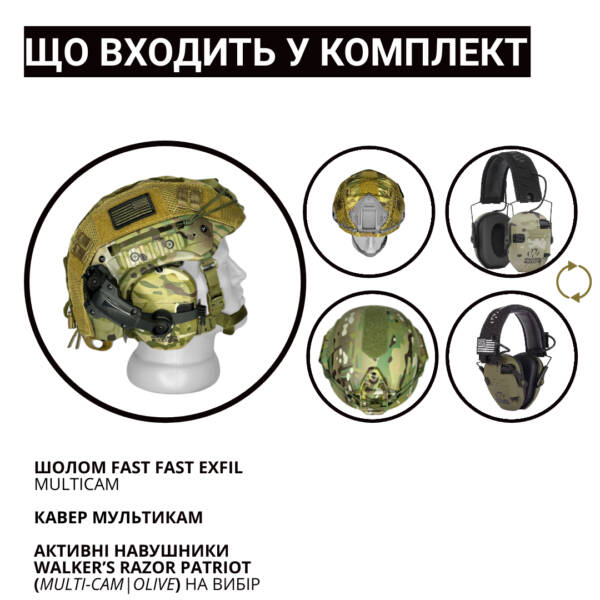 Тактичний Комплект Шоломом FAST EXFIL MultiCam та Активними Навушниками Walker’s Razor Patriot - Зображення 3